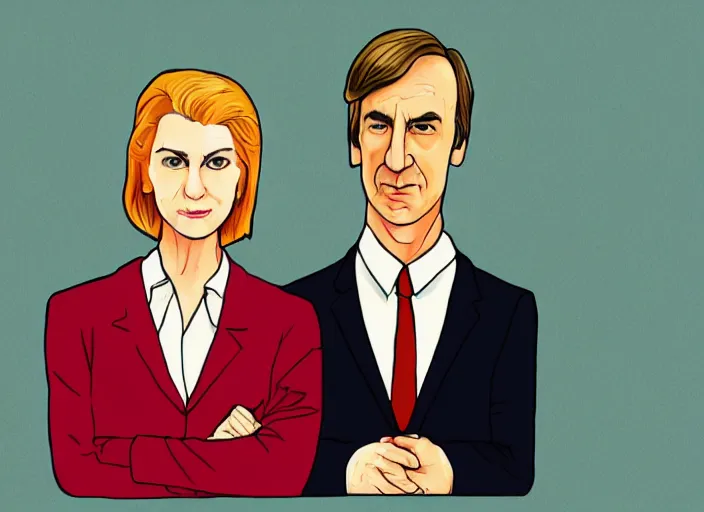 Image similar to kim wexler and saul goodman, ilustration by malika favre