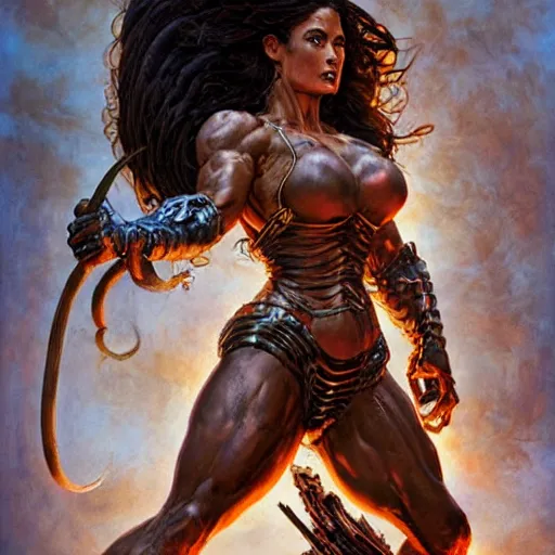 Image similar to muscular beautiful salma hayek wearing armor tombow artwork greg staples , dug stanat, norman rockwell , christophe young eytan zana , rumiko takahashi