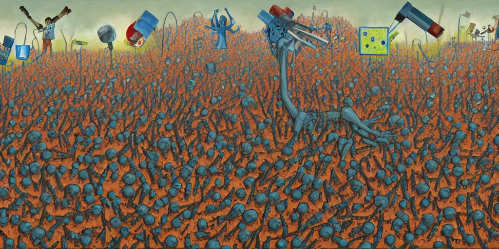 Image similar to painting by max earnst, disease decimating a global population