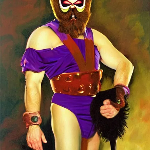 Image similar to a red bearded man wearing a purple luchadore mask and tuxedo, highly detailed, masterpiece, illustrated, art by boris vallejo