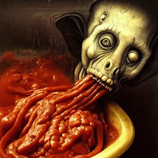 Prompt: a boy like eraserhead and elephant man sitting in a tub full of tomato sauce, looking straight into camera, screaming in pain, by giuseppe arcimboldo and ambrosius benson, renaissance, fruit, intricate and intense oil paint, a touch of beksinski and hr giger, realistic