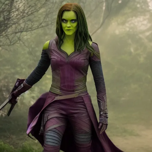 Image similar to Film still of Emma Watson as Gamora, from Guardians of the Galaxy Vol. 2 (2017), full shot