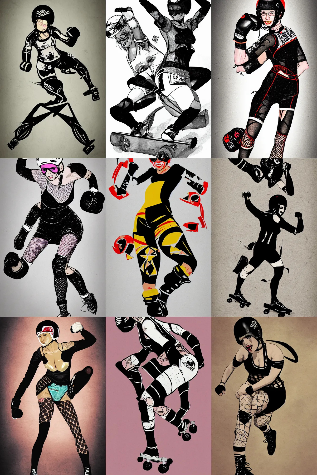 Prompt: Photo logo design, roller derby girl sprinting Cross-Over, wearing skate helmet, knee pads, elbow pads,full length portrait, fishnet tights, torn, ripped, fists in the air, illustration by Eduardo Risso and greg rutkowski