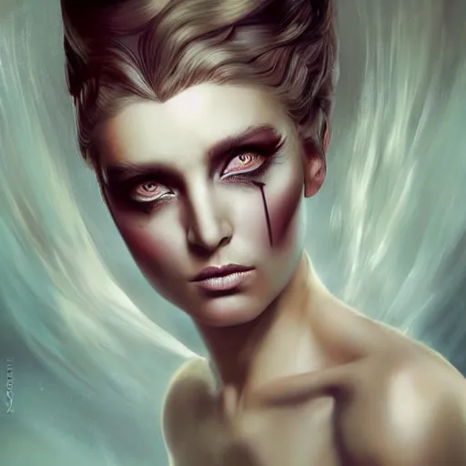 Prompt: painting of a gorgeous self conscious, disparaging female villain in the style of lise deharme, hyperrealistic eyes with natural makeup, very elaborate abundant hairstyle, low contrast, silk skin, low angle