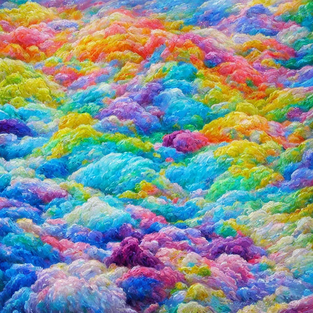 Prompt: 3d high relief painting of sea like jelly, Rainbow sheep like cotton candy, dreamy, soft , highly detailed, expressive impressionist style, painted with a palette knife, in the style of Yuri Anatolyevich Obukhovskiy