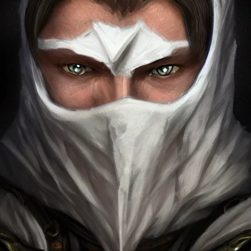 Prompt: a hyper realistic and detailed portrait of zum the planeswalker wearing a full face white marble mask completely hiding his face only showing it's eyes, focus on face, mystic, mysterious, merchant collector, 8k, no skin, black eyes, trending on artstation, masterpiece
