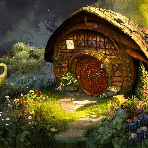 Prompt: a medieval hobbit house made of jelly, ornate, beautiful, atmosphere, vibe, flowers, concept art illustration, color page, 4 k, tone mapping, doll, akihiko yoshida, james jean, andrei riabovitchev, marc simonetti, yoshitaka amano, digital illustration, greg rutowski, volumetric lighting, sunbeams, particles