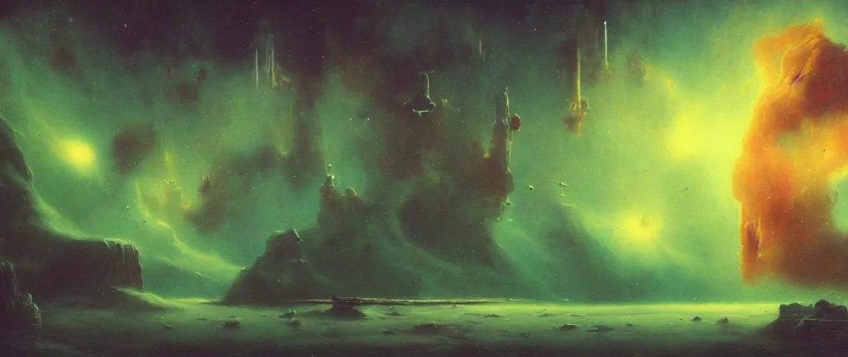 Image similar to lone industrial!!! spaceship!!, deepspace exploration!!!, flying, ridley scott universe, beksinski, floating!!! in a nebula, the final frontier, illustrative!!, apparent brush strokes, hyperdetailed, sketch, cinematic lighting, 4k, wide angle, trending on artstation, ((neon colors))