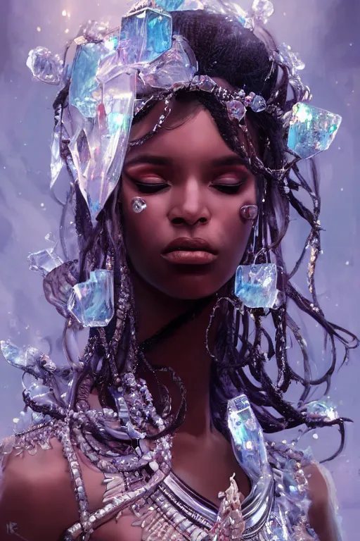 Prompt: beautiful black model wearing crystal crown full of jewels, cyberpunk, 3 d render, hyper realistic detailed portrait, holding ice flowers, scifi, fantasy, hyper detailed, octane render, concept art, peter mohrbacher, artgerm, ruan jia, wlop