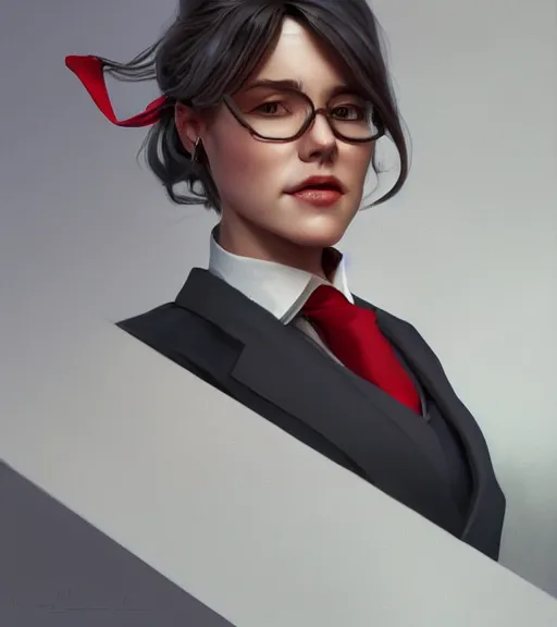 Image similar to a girl wearing a business suit, grey hair, red necktie, cinematic, stunning, highly detailed, digital painting, artstation, smooth, hard focus, full body shot, illustration, art by artgerm and greg rutkowski and alphonse mucha