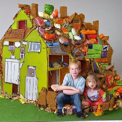 Prompt: photo of a house with kids made out of food leftovers. Highly detailed. Art by Gordon Ramsey