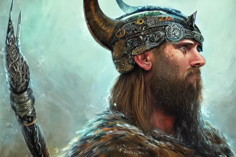 Image similar to mythological self made viking Shaman of artificial intelligence creating himself with an artificial neural network with synapses, high resolution, award winning art, trending on art station, sharp image, incredibly detailed, detailed character realistic painting, hyperrealistic facial featuees