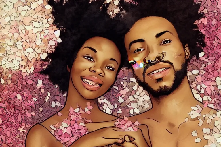 Prompt: portrait of a happy black couple posing together, holding hands surrounded by falling flower petals, crisp digital illustration by artgerm,, by mucha by caravaggio and face by wlop