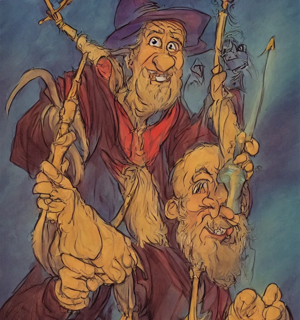 Prompt: colorful portrait of an old wizard with a magic staff, rodel gonzalez, marc davis, milt kahl, jim warren, don bluth, glen keane, jason deamer, rob kaz, character art, concept art,