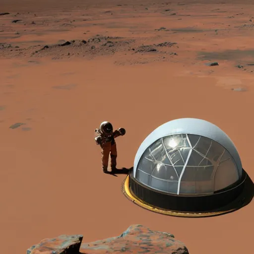 Image similar to an astronaut on Mars, bio domes in the background