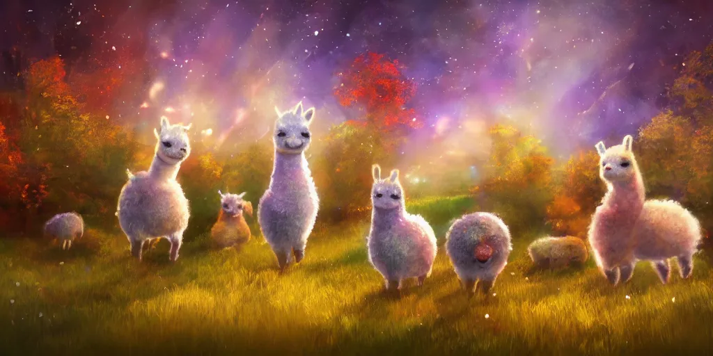 Image similar to magical fairy alpacas frolicking in a field, autumn, sparkles, illustration, light beams, digital art, oil painting, fantasy, 8 k, trending on artstation, detailed