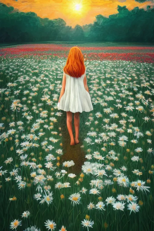 Image similar to giant white daisy flower as head, girl walking in a flower field, surreal photography, sunrise, dramatic light, impressionist painting, colorful clouds, digital painting, artstation, simon stalenhag