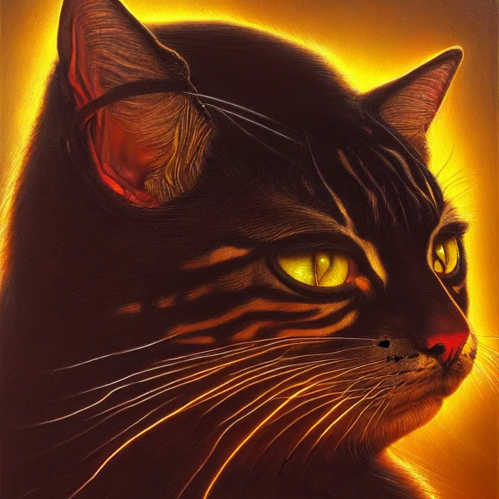 Prompt: cinematic bust portrait of psychedelic cat from left,, donato giancola, larry elmore, oil on canvas, masterpiece, trending on artstation, featured on pixiv, cinematic composition, dramatic pose, beautiful lighting, sharp, details, hyper - detailed, hd, hdr, 4 k, 8 k