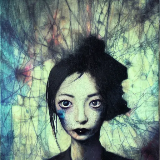 Image similar to yoshitaka amano blurred and dreamy realistic three quarter angle portrait of a young woman with black lipstick and black eyes wearing dress suit with tie, junji ito abstract patterns in the background, satoshi kon anime, noisy film grain effect, highly detailed, renaissance oil painting, weird portrait angle, blurred lost edges