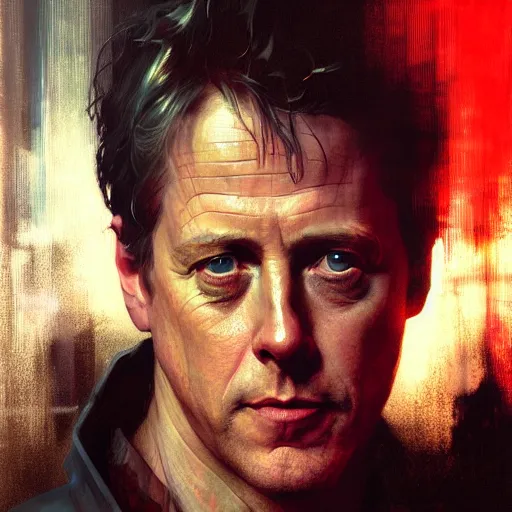 Image similar to hugh grant, hyperrealistic portrait, bladerunner street, art of elysium by jeremy mann and alphonse mucha, fantasy art, photo realistic, dynamic lighting, artstation, poster, volumetric lighting, very detailed face, 4 k, award winning