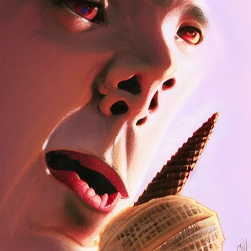 Prompt: Michael Keaton eating an ice cream cone, closeup, D&D, fantasy, intricate, elegant, highly detailed, digital painting, artstation, concept art, matte, sharp focus, illustration, art by Artgerm and Greg Rutkowski and Alphonse Mucha