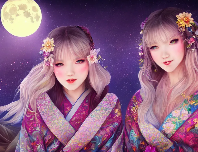 Image similar to two beautiful alluring siberian girls wear fantasy kimono in festival | | sunny night, full moon, dreamlike art, realistic shaded, smile, good looking, hyper details, 4 k realistic, cryengine, realistic shaded lighting poster by artgerm, ross tran, fuji choko, 8 k resolution, trending on artstation, luxury