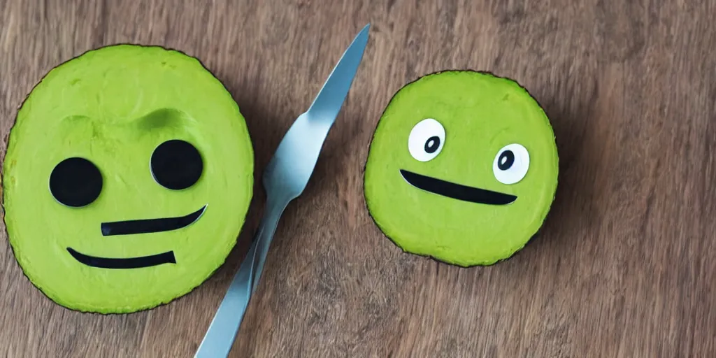 Image similar to cute smiling avocado robot with cute eyes and forks instead of arms