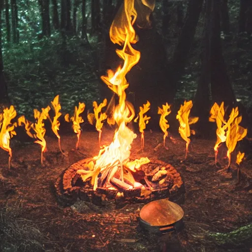 Prompt: a gathering of yellow raincoat wearing kitten magicians summon a fire goddess from the depths of a raging fire pit, flames are emerging from fissures in the ground.