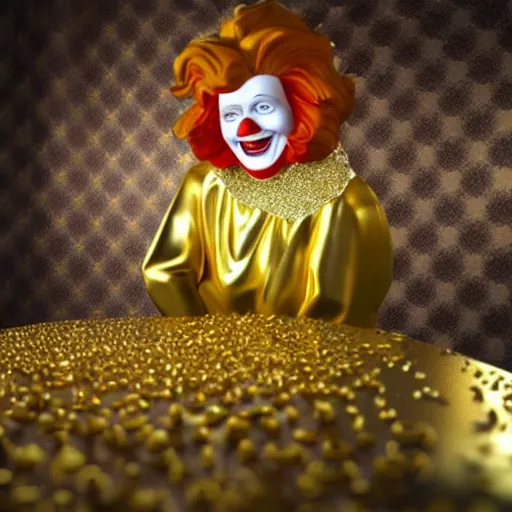 Image similar to a still of ronald mcdonald surrounded by gold and diamonds, award - winning, photograph, 3 d render, unreal engine, 4 k detailed