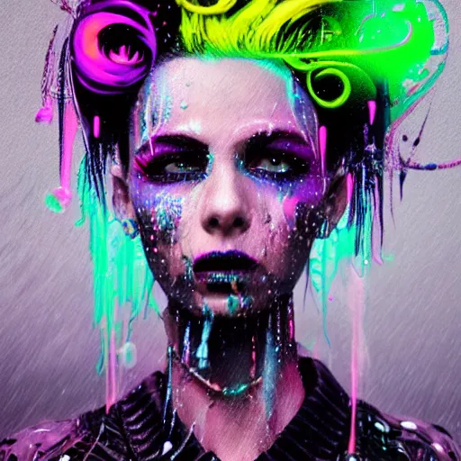 Image similar to splashes of neon galaxies, mowhawk, punk women portrait made out of paint with rain in the background, trending on artstation, epic composition, emotional, beautiful, rendered in octane, highly detailed, realistic, tim burton comic book art, sharp focus, unreal engine