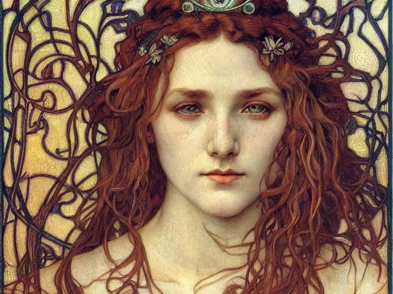 Image similar to detailed realistic beautiful young medieval queen face portrait by jean delville, alphonse mucha, vincent van gogh, and marco mazzoni, art nouveau, symbolist, visionary, gothic, pre - raphaelite