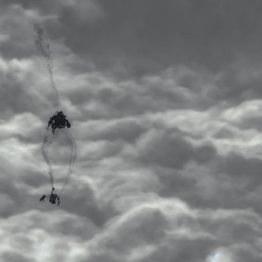 Image similar to a single scubadiver floating above the clouds, closeup, digital drawing