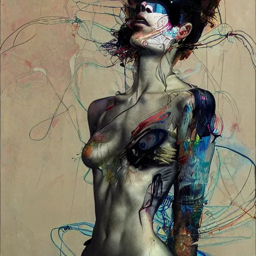 Image similar to woman in a vr headset, cyberpunk in the style of adrian ghenie, esao andrews, jenny saville, surrealism, dark art by james jean, takato yamamoto