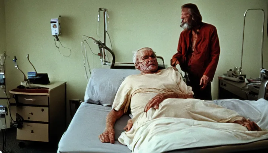 Image similar to 7 0 s movie still of a old gold man in the hospital, cinestill 8 0 0 t 3 5 mm eastmancolor, heavy grain, high quality, high detail