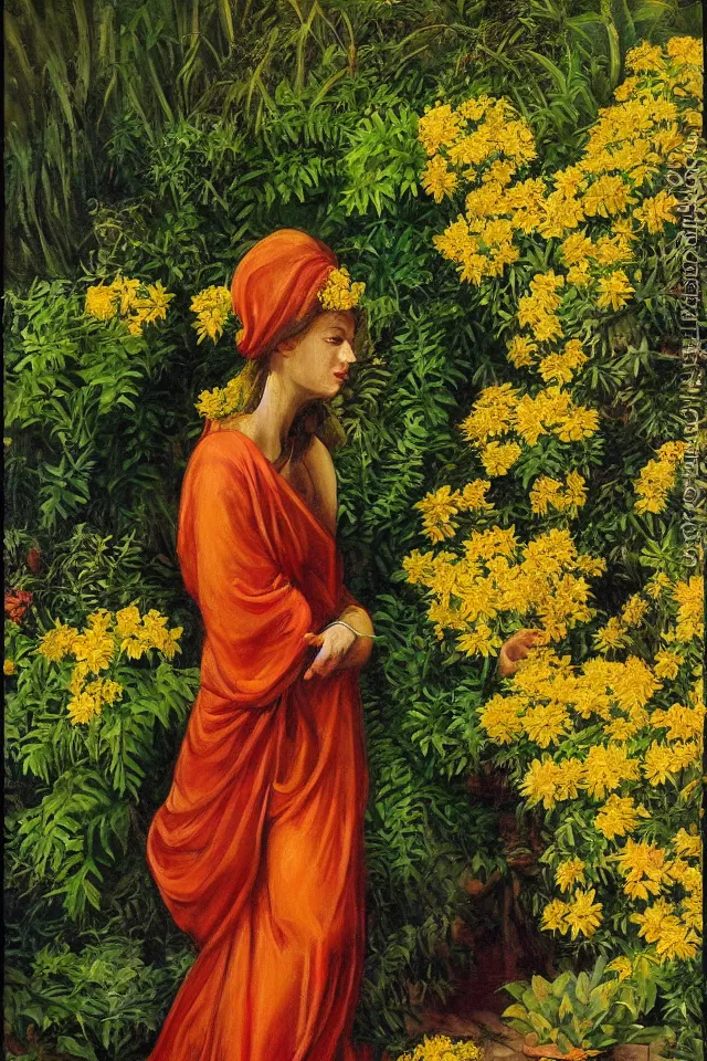 Prompt: chiaroscuro painting of a beautiful greek woman in robes, in a garden full of ferns, marigold flowers, dappled light, by bernie fusch