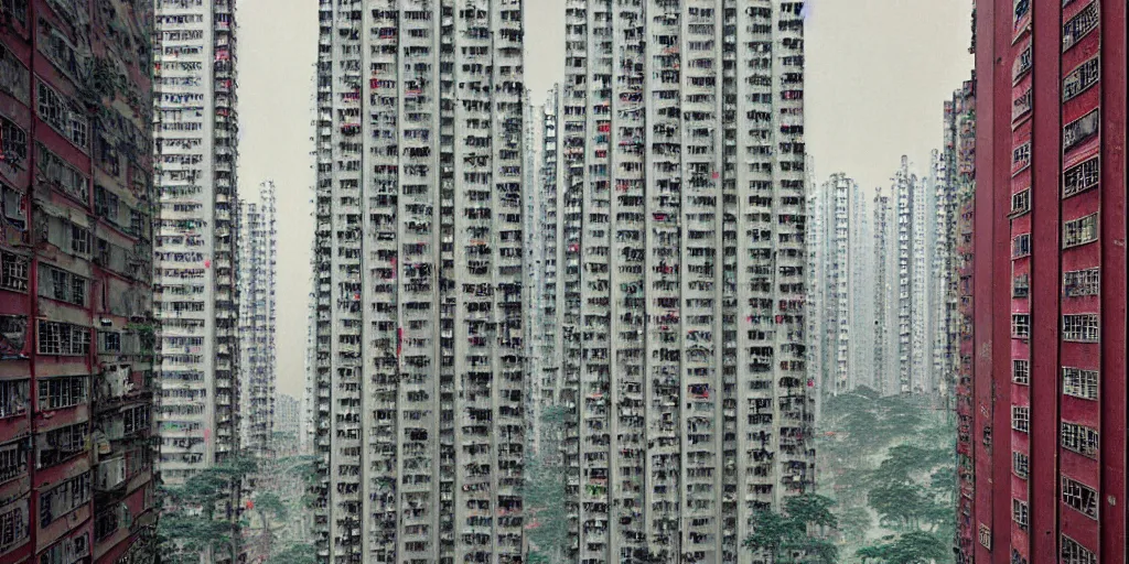 Prompt: a beautiful realistic image from old apartment buildings in hong kong, by zeng fanzhi