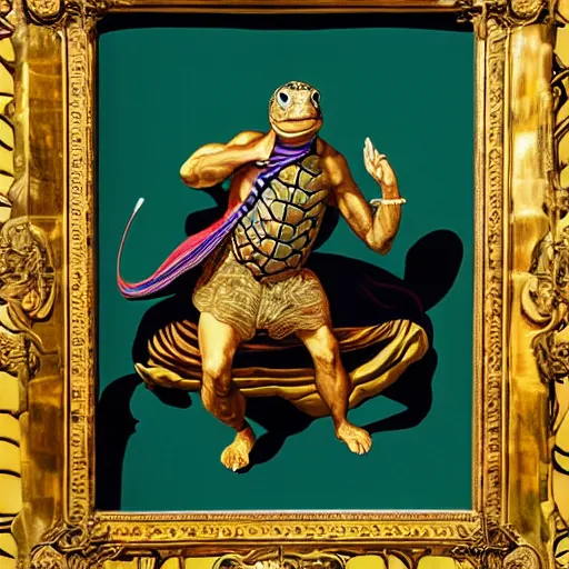 Prompt: anthropomorphic turtle hero by kehinde wiley