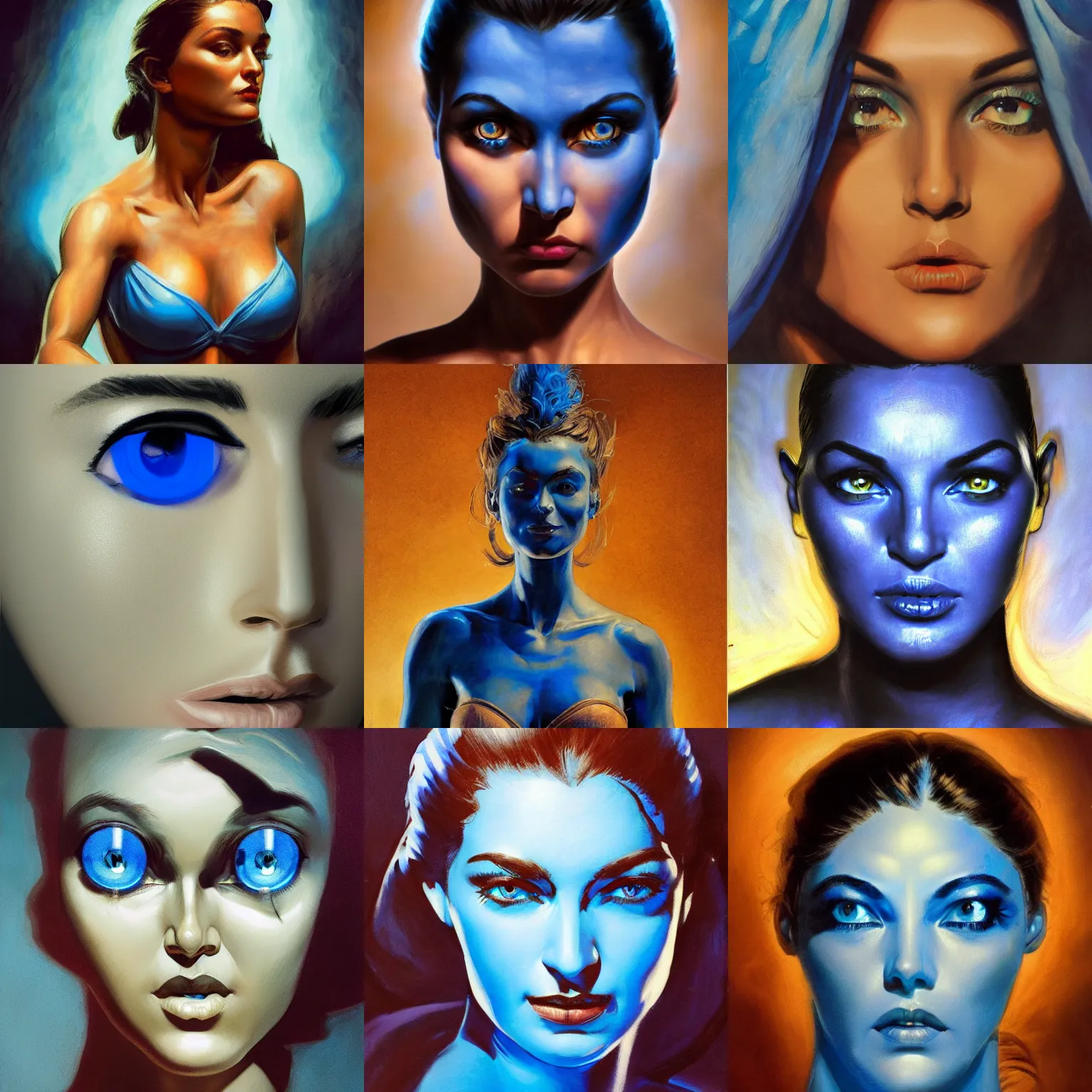 Prompt: husam wleed and frank frazetta female figure with glowing blue eyes, full figure centered in portrait, 8 k, realistic, photo real, smooth, sharp, intricate detail, hyper detail, dramatic lighting, dramatic shading