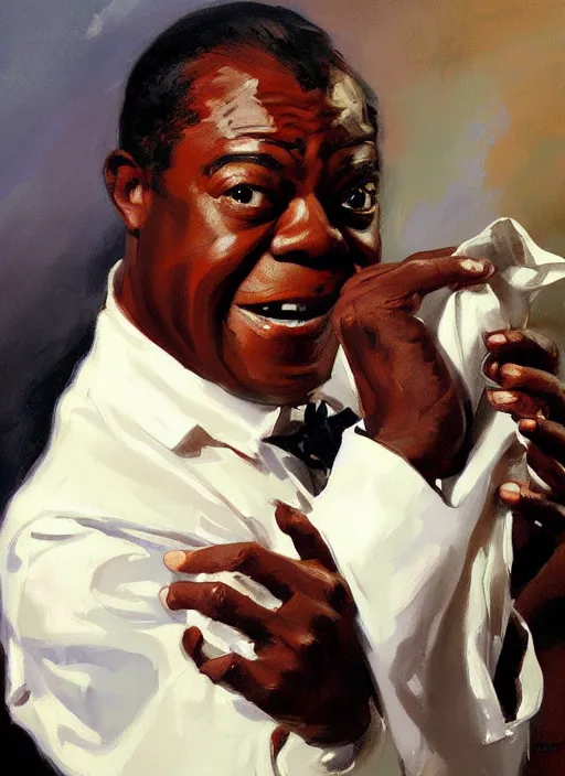 Prompt: a portrait of louis armstrong holding a white handkerchief, by greg manchess and john singer sargent and jonathan yeo, dramatic lighting, highly detailed digital painting