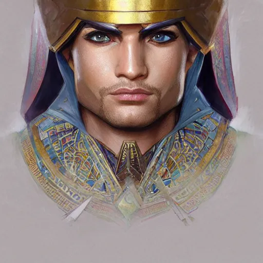 Prompt: male egyptian warrior, D&D, painted fantasy character portrait, headshot, intricate, elegant, highly detailed, digital painting, artstation, concept art, sharp focus, illustration, art by artgerm and greg rutkowski and alphonse mucha