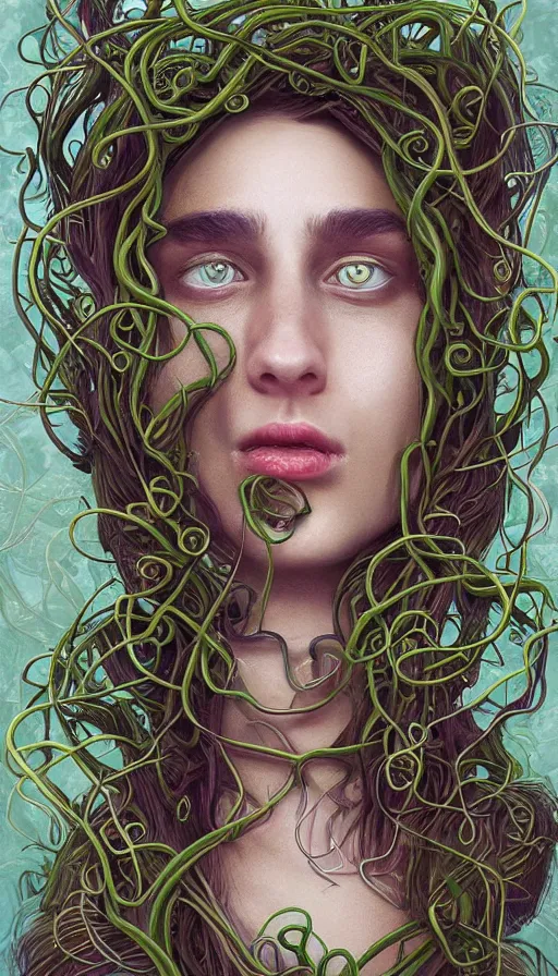 Image similar to very detailed portrait of a 2 0 years old girl surrounded by tentacles, the youg woman visage is blooming from fractal and vines, by sam spratt
