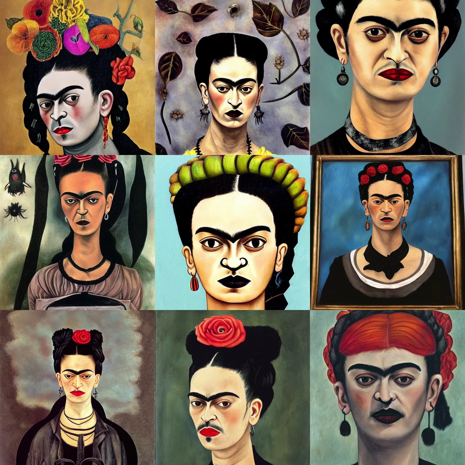 Prompt: A goth portrait painted by Frida Kahlo. Her hair is dark brown and cut into a short, messy pixie cut. She has a slightly rounded face, with a pointed chin, large entirely-black eyes, and a small nose. She is wearing a black tank top, a black leather jacket, a black knee-length skirt, a black choker, and black leather boots.