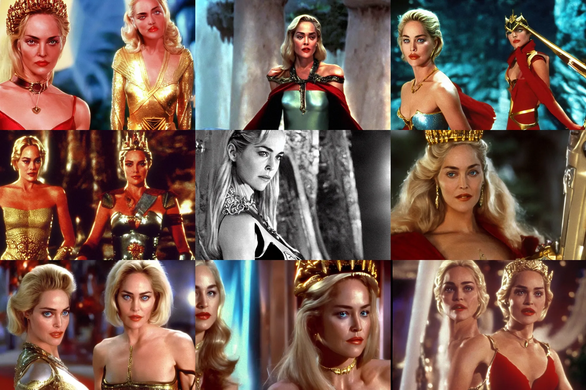 Prompt: a young Sharon Stone as Princess Aura in Flash Gordon 1980, film still