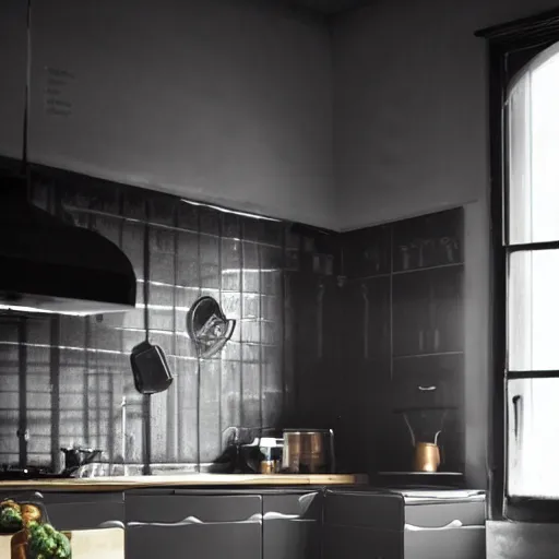 Prompt: darkness emo black fog only shadows kitchen