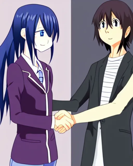 Image similar to a person shakes hands with an anime character in both styles