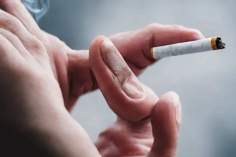 Image similar to Close-up of thin soft hand, cigarette with smoke, hand with five fingers, hyper realistic, high details, photo, super resolution