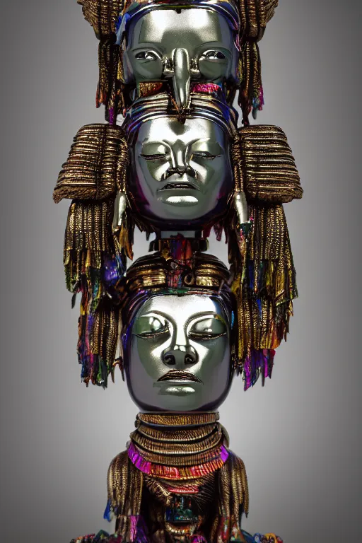 Image similar to chrome carved statue of inca goddess symmetrical three faces, metallic polished sculpture, dressed with a colorful wrapped silk cloak, made by antonio corradini, and dug stanat macabre art, dark surrealism, epic and cinematic view, volummetric light, texturized, detailed, 8 k