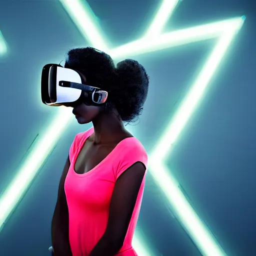 Prompt: dark skinned woman wearing futuristic vr headset neon lights ambient light unity game ultra - realistic