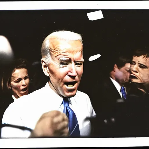 Prompt: polaroid of joe biden punching camera, enraged, angry, gritting teeth, spit flying, blurry, motion blur