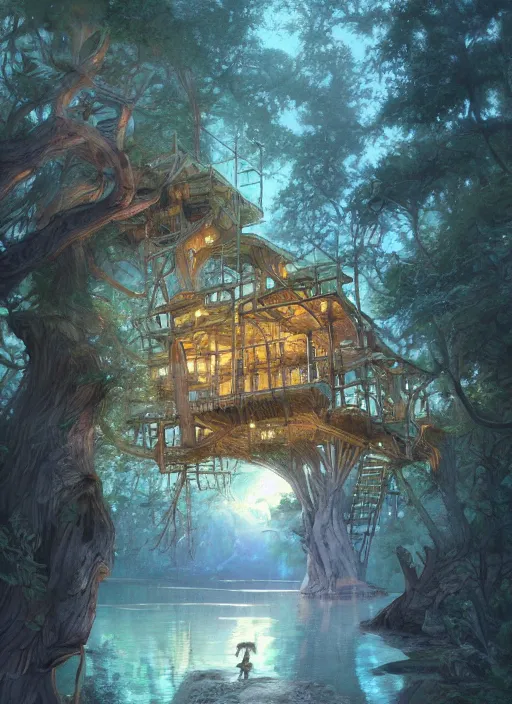 Image similar to A beautiful digital painting of an enormous treehouse, crystal lake by Stanley Artgerm Lau, Rossdraws, James Jean, gerald brom, Andrei Riabovitchev, Marc Simonetti, and Sakimichan, trending on artstation